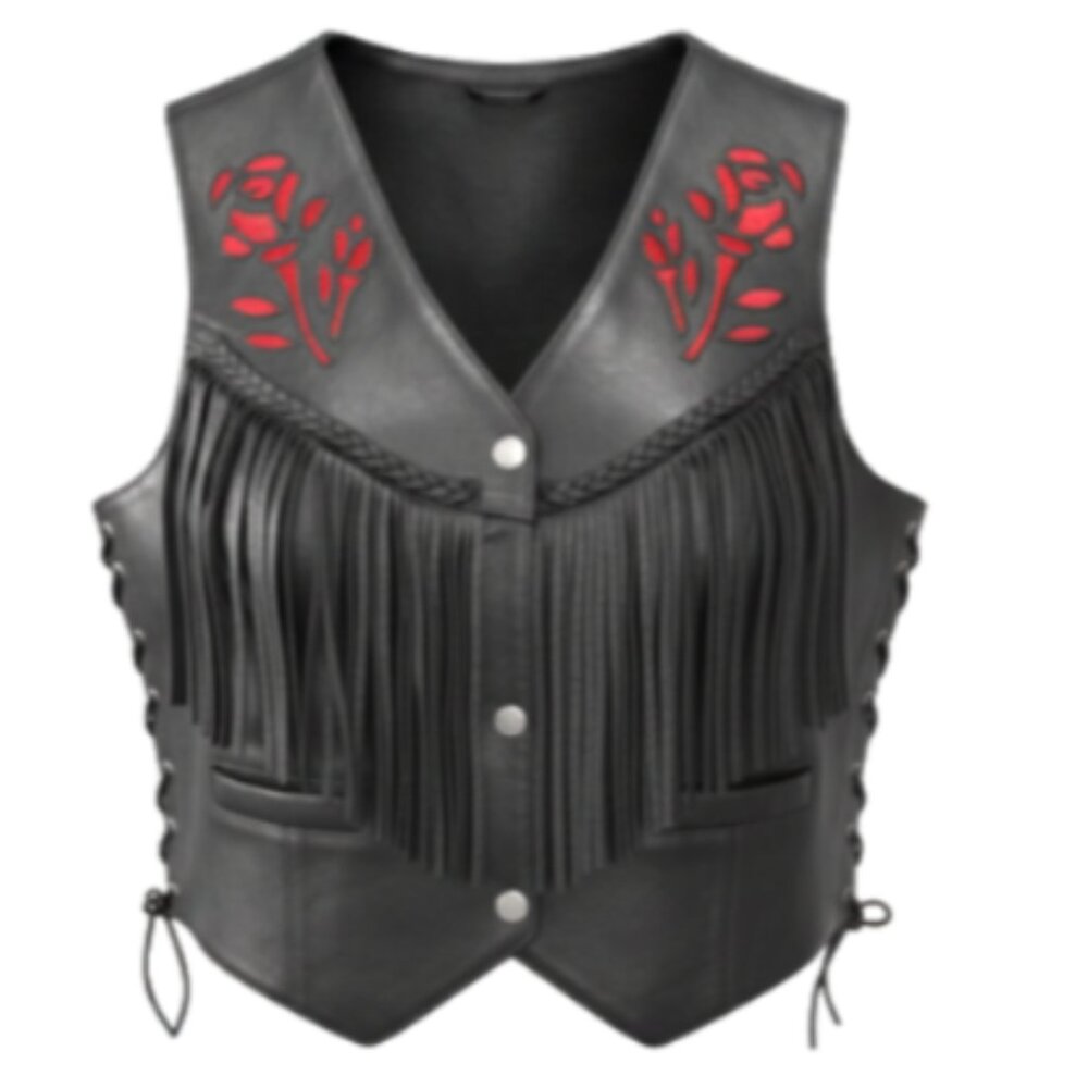 Hot Leathers Womens Fringe Leather Vest M Black Red Rose Lace UP Sides Snaps EUC - Picture 16 of 16
